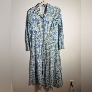 LIVRO Blue Floral Cotton Maxi Dress | Long Sleeve Button‎ Front | India Made | S